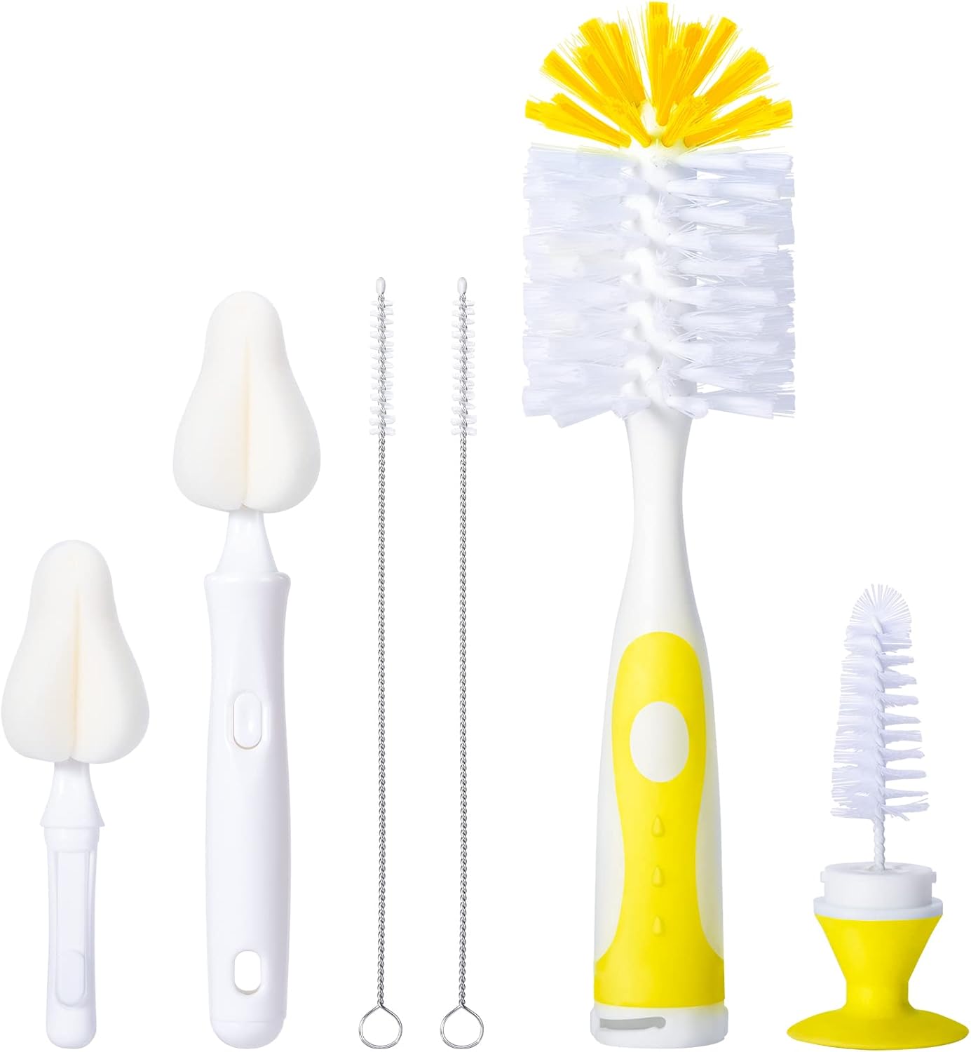 CAREBABYMORE Baby Bottle Brush Set with Nipple Cleaner and Suction, 10.2" Cleaning Brush and 6.5" Sponge Bottle Brush with A Replacement Brush Head and Two 6.7" Straw Brushes, Pack of 5 (Green)