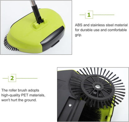 Manual Push Floor Sweeper Broom, Hand Push Sweeper with Enclosed Dustpan Bin, 3‑in‑1 360° Rotating Floor Cleaning Brush Mop Machine Adjustable Handle Vacuum‑Free for Tile Hardwood Carpet Green