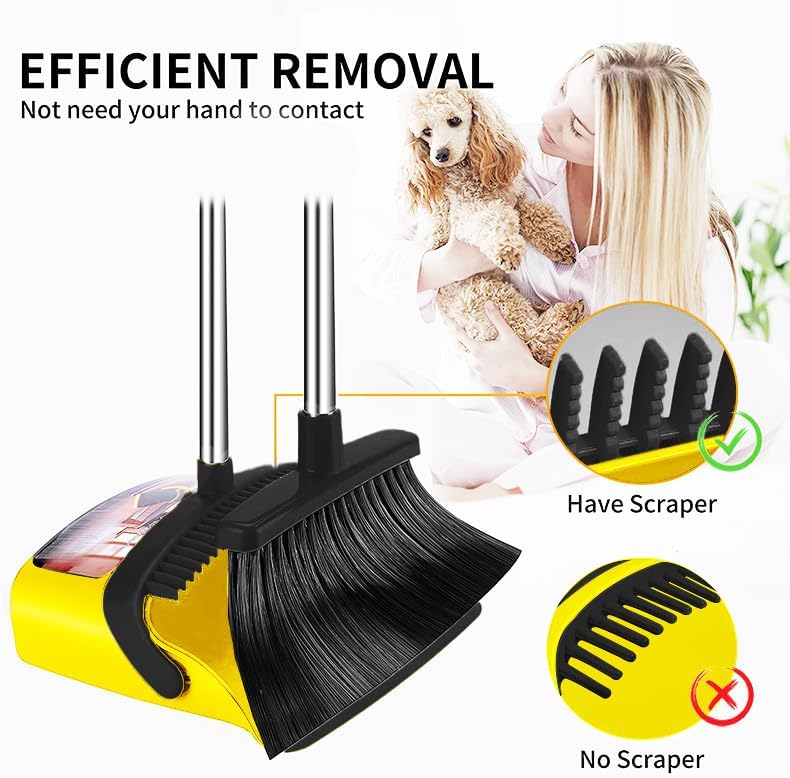 2-Pack is More economical,Brooms with Dustpan Combo Set， with 52" Long Handle, Dustpan Teeth with self-Cleaning Function, Indoor and Outdoor Sweeping, Perfect for Home Office(Large/Yellow /2-Pack)