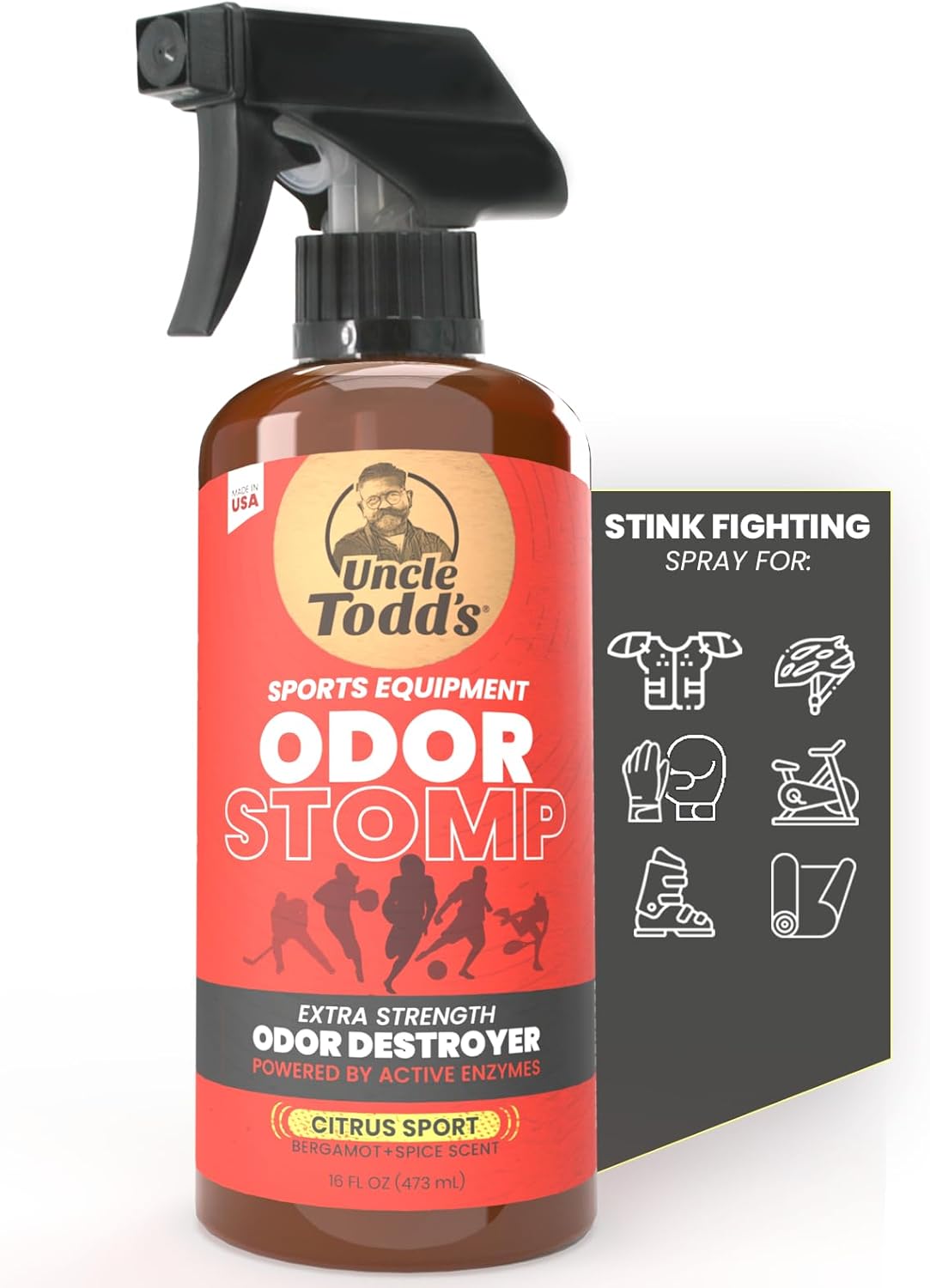 Uncle Todd’s Odor Stomp Sports Equipment Odor Eliminator Spray - Extra Strength Enzyme-Powered Deodorizer for Football, Hockey, Gym Bags, and Athletic Gear - Bamboo Blitz Scent - 16 oz