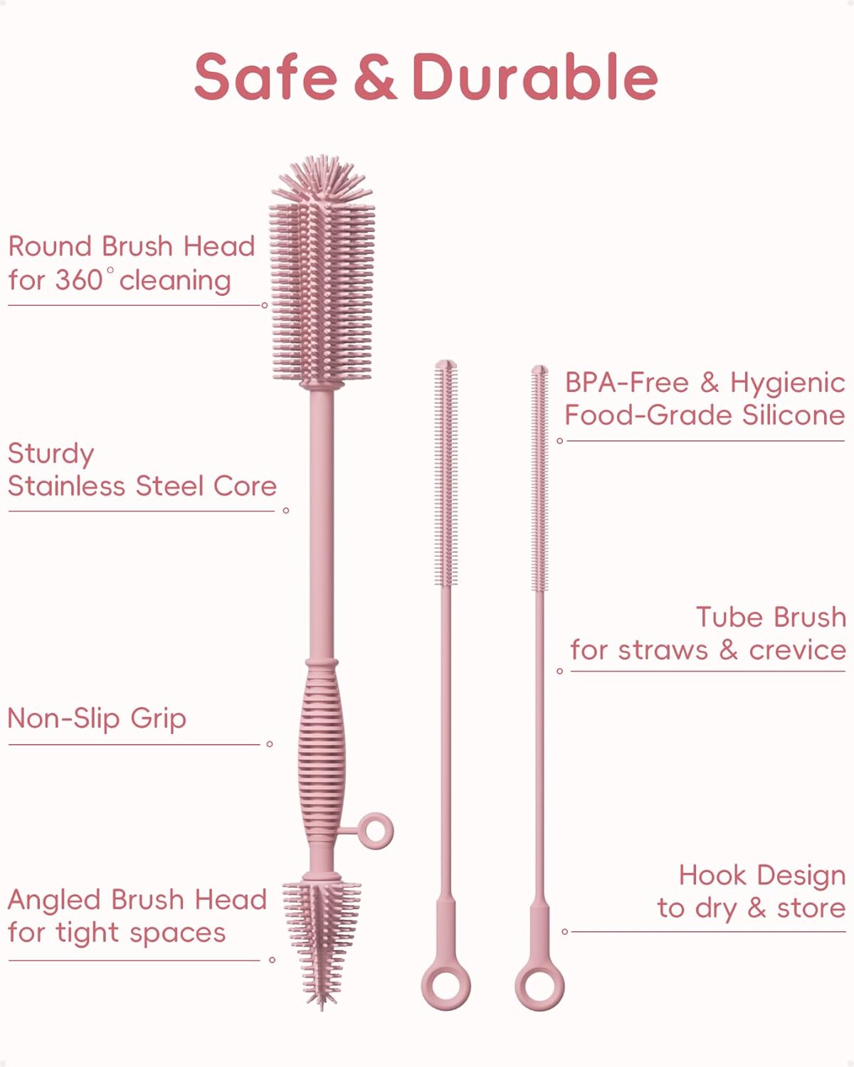 Reusable Silicone Straw Cleaner Brush Set, 2-Pack Extra Long Straw Cleaning Brush for Metal Glass Water Bottle Drinking Straws, Flexible&Bendable Design, Dishwasher Safe, 6mm & 8mm Diameter