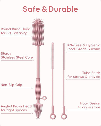 Reusable Silicone Straw Cleaner Brush Set, 2-Pack Extra Long Straw Cleaning Brush for Metal Glass Water Bottle Drinking Straws, Flexible&Bendable Design, Dishwasher Safe, 6mm & 8mm Diameter