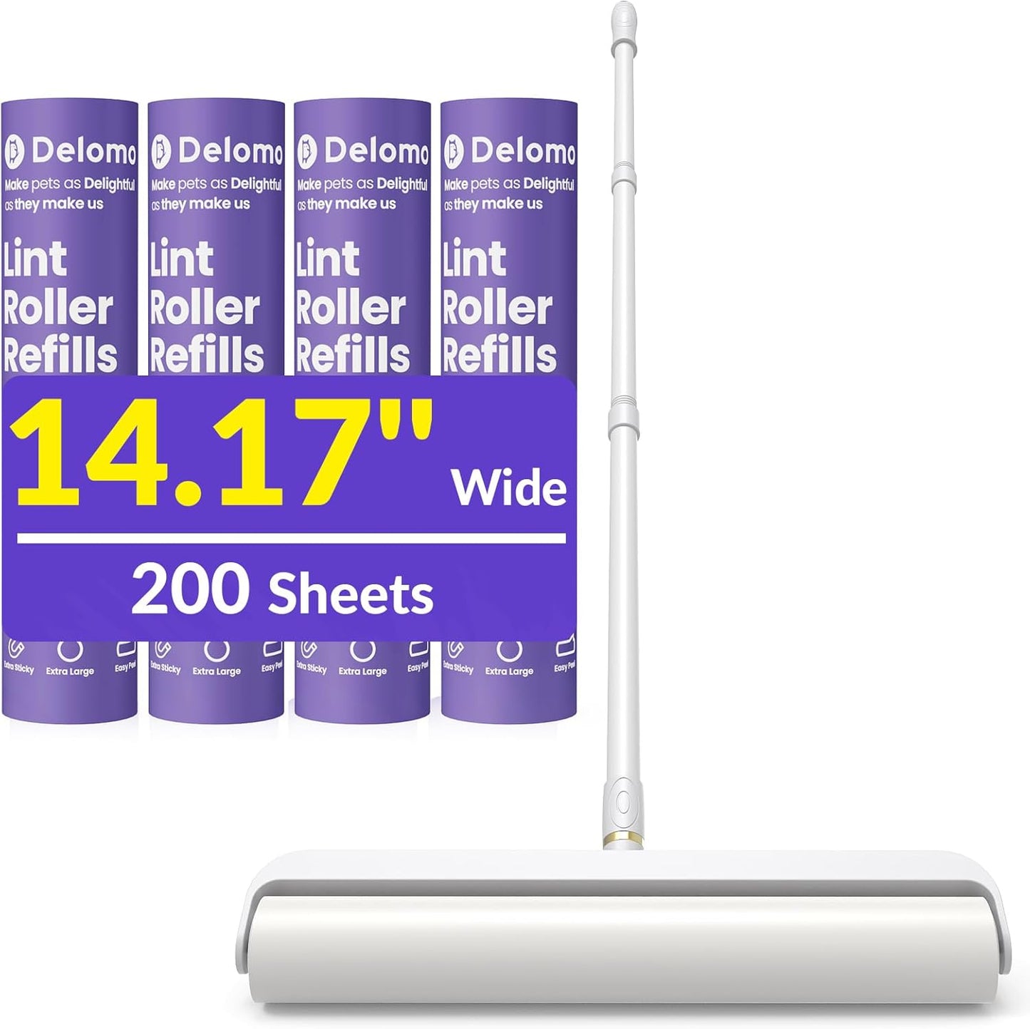 Large Lint Rollers for Carpet: Sticky Rollers for Floor DELOMO 9.45 in with 3 Extendable Handle, Long Handle Sticky Mop for Cleaning Carpets, Cars, Bedding, Couches, and Pet Hair - for Pet Homes