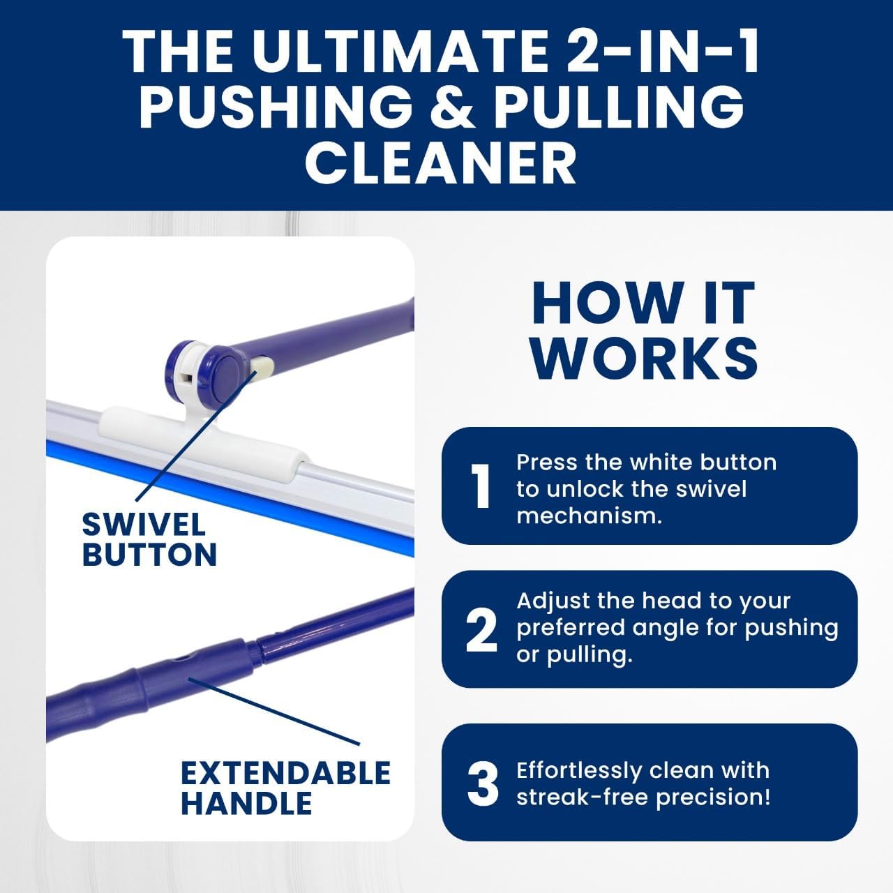 Extendable Shower Squeegee with 180-Degree Rotating Blade for Push/Pull Use – Ergonomic Cleaning Tool for Showers, Glass Doors, and Windows – 16'' to 28'' Handle for Strain-Free Cleaning