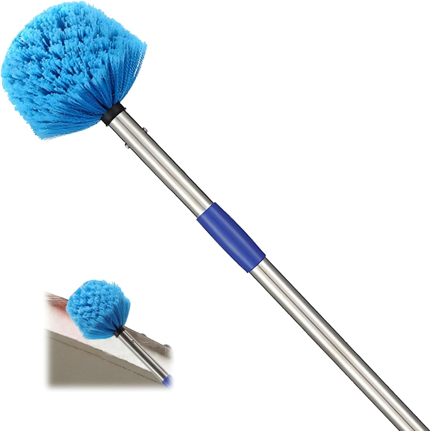 Extended Reach Cobweb Duster with 8-Foot Pole - Medium Bristle Brush for Ceiling, Wall, and Indoor/Outdoor Cleaning, Lightweight Stainless Steel (10FT)