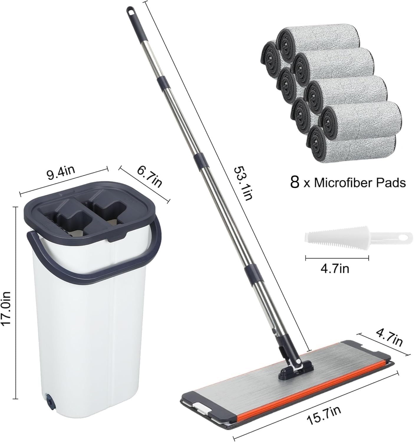 Flat Mop and Bucket Set Microfiber Mop for Floor Cleaning Flat Mop and Bucket System with 8 Reusable Microfiber Mop Pads for Tiles Bathroom & Household Floor Cleaning 16 Inch