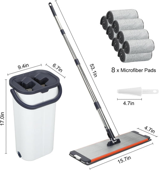 Flat Mop and Bucket Set Microfiber Mop for Floor Cleaning Flat Mop and Bucket System with 8 Reusable Microfiber Mop Pads for Tiles Bathroom & Household Floor Cleaning 16 Inch