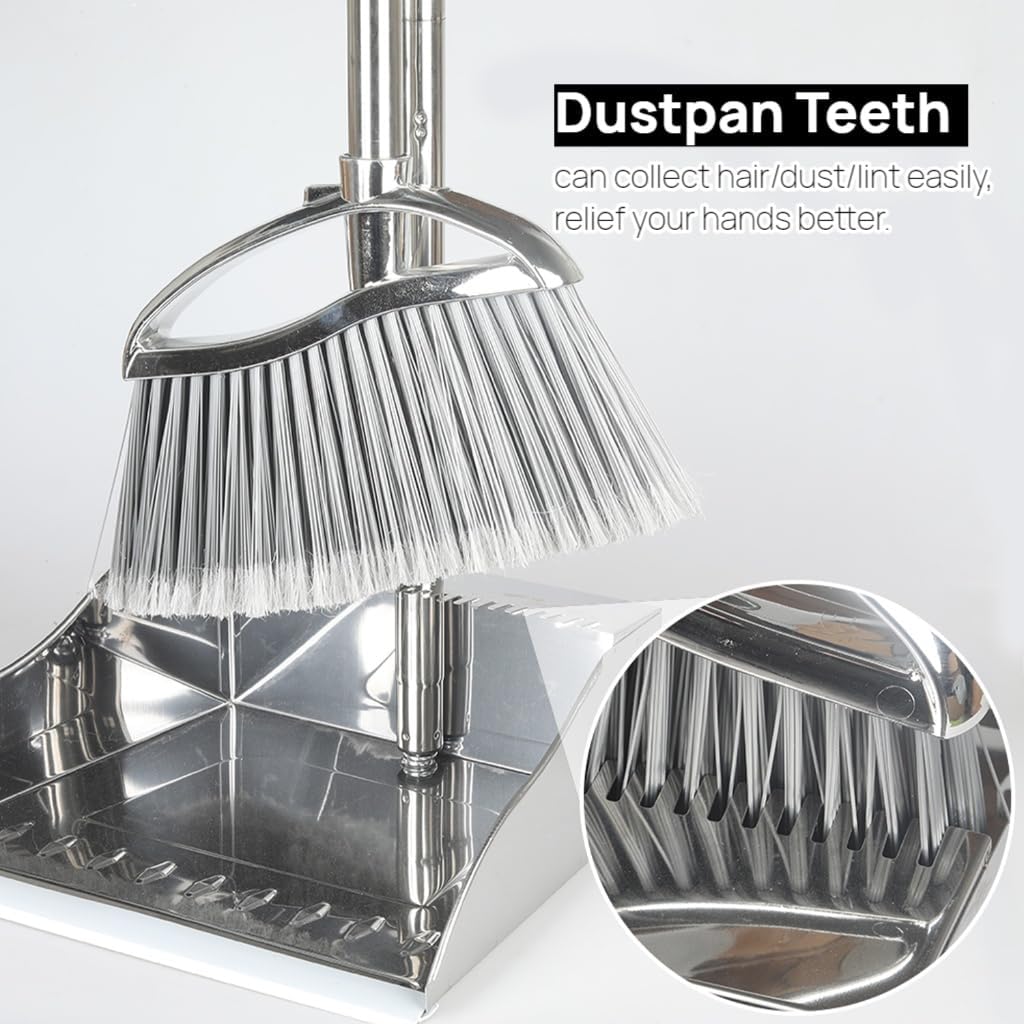 Indoor Broom and Dustpan Comb Set,Heavy Duty Stainless Steel Metal Dust Pan with Long Handle Sweeping Soft Bristles Broom for Floor Home Lobby Office