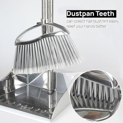 Indoor Broom and Dustpan Comb Set,Heavy Duty Stainless Steel Metal Dust Pan with Long Handle Sweeping Soft Bristles Broom for Floor Home Lobby Office