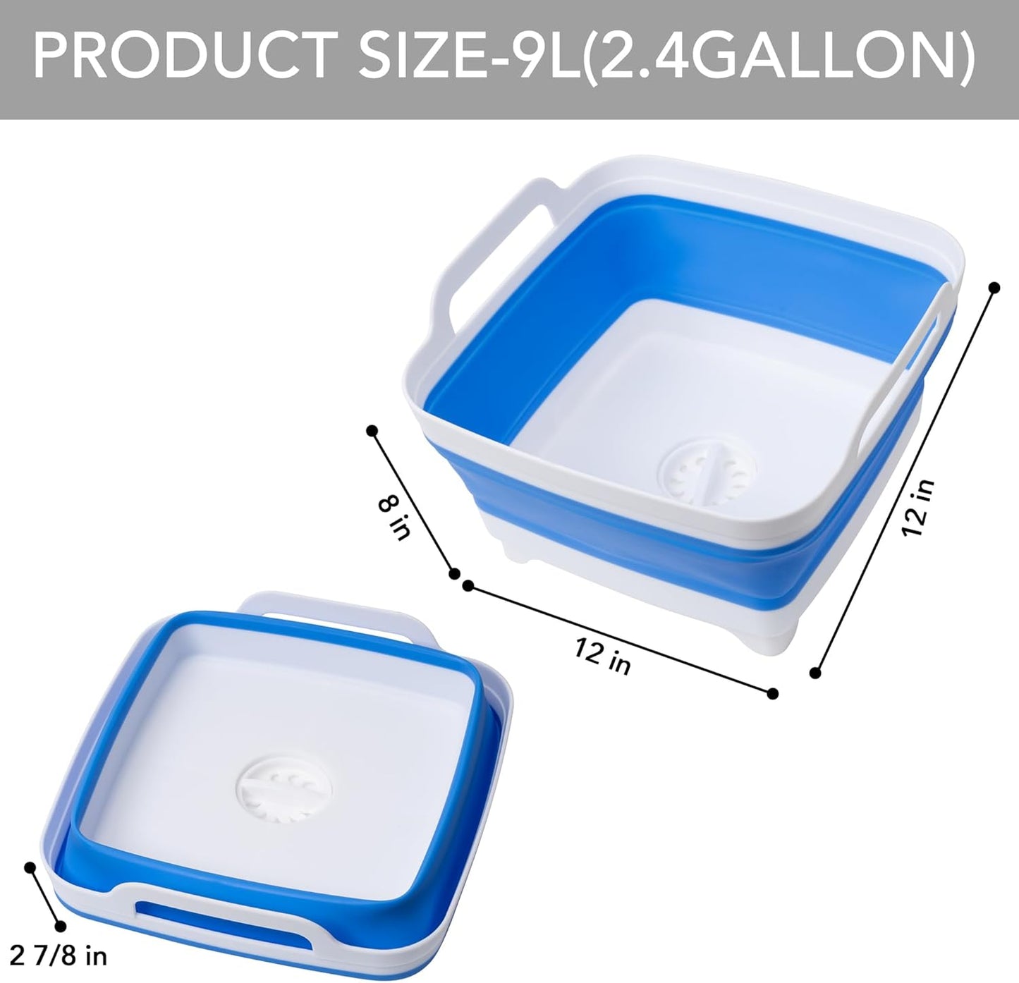 2 Pack Dishpan for Washing Dishes, 2.4Gal/9L Wash Basin with Draining Plug Carry Handles, Collapsible Bucket for Cleaning, Portable Sink, Foldable Plastic Tub