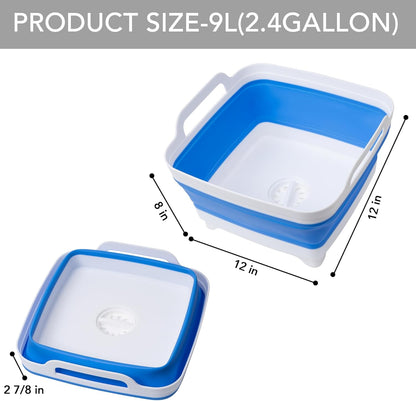 2 Pack Dishpan for Washing Dishes, 2.4Gal/9L Wash Basin with Draining Plug Carry Handles, Collapsible Bucket for Cleaning, Portable Sink, Foldable Plastic Tub