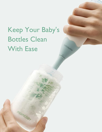 Momcozy Bottle Brush Set - Baby Bottle Cleaner Kit with Silicone Brush, Nipple Brush, Straw Brush, Soap Dispenser, Drying Rack - 7 in 1 Bottle Cleaning Tool for Home and Travel, Green