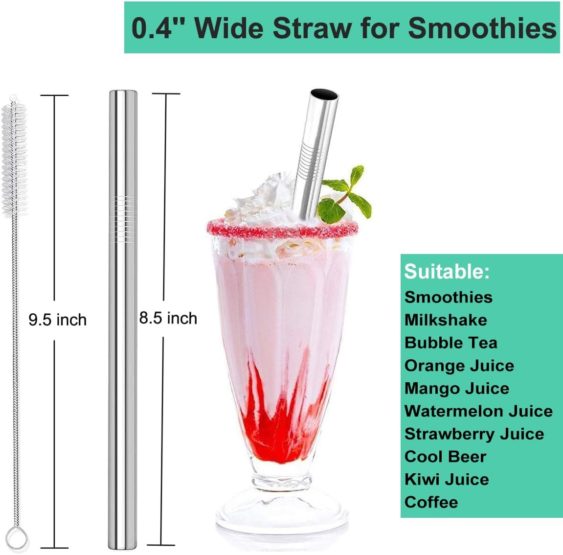Vinaco Stainless Steel Smoothie Straws, 0.4'' Extra Wide Reusable Metal Drinking Straws for Milkshake, Smoothie, Beverage, Set of 4 with 1 Cleaning Brush