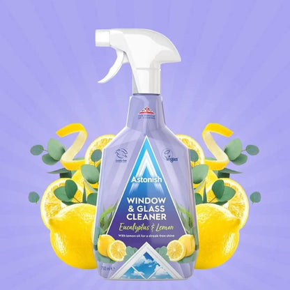 Astonish Streak Free Window & Glass Cleaner Spray Bottle With Vinegar For Deep Cleaning - Eucalyptus & Lemon Scented Home And Bathroom Cleaner - Vegan Cruelty Free Household Cleaning Supplies, 750ml