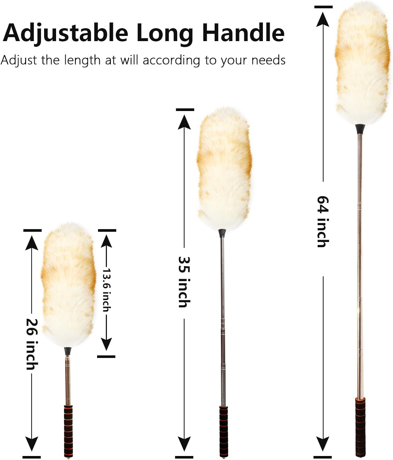 Extendable Lambswool Duster Stainless Steel Handle 133" Removable Feather Duster for Cleaning Ceiling Fans Interior Roof Furniture, Brown