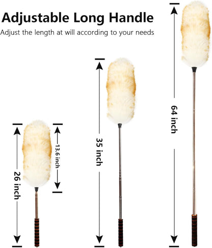 Extendable Lambswool Duster Stainless Steel Handle 133" Removable Feather Duster for Cleaning Ceiling Fans Interior Roof Furniture, Brown