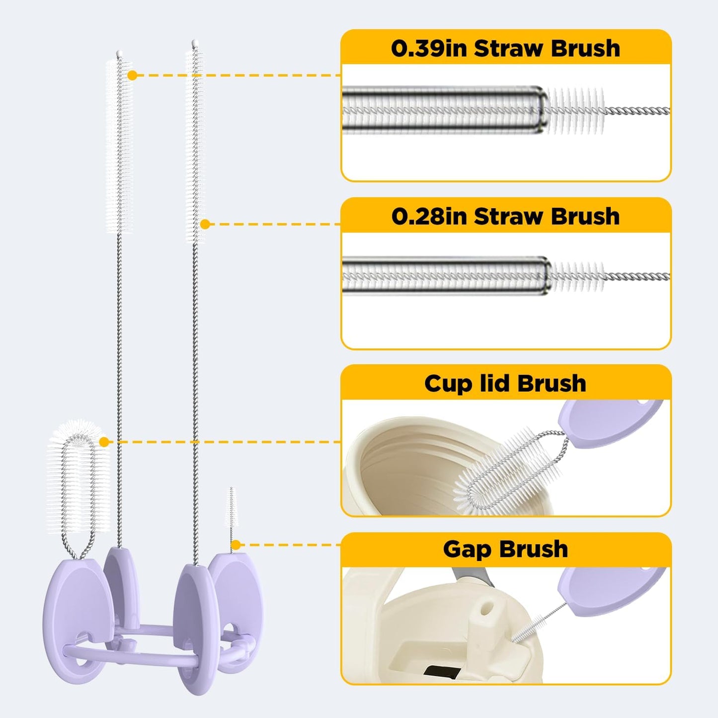 Straw Brush Set, 4 Piece Cleaner Kit with Standable Key Ring for Reusable Straws, Tumblers & Water Bottles – Designed for Kids & Adults, Purple