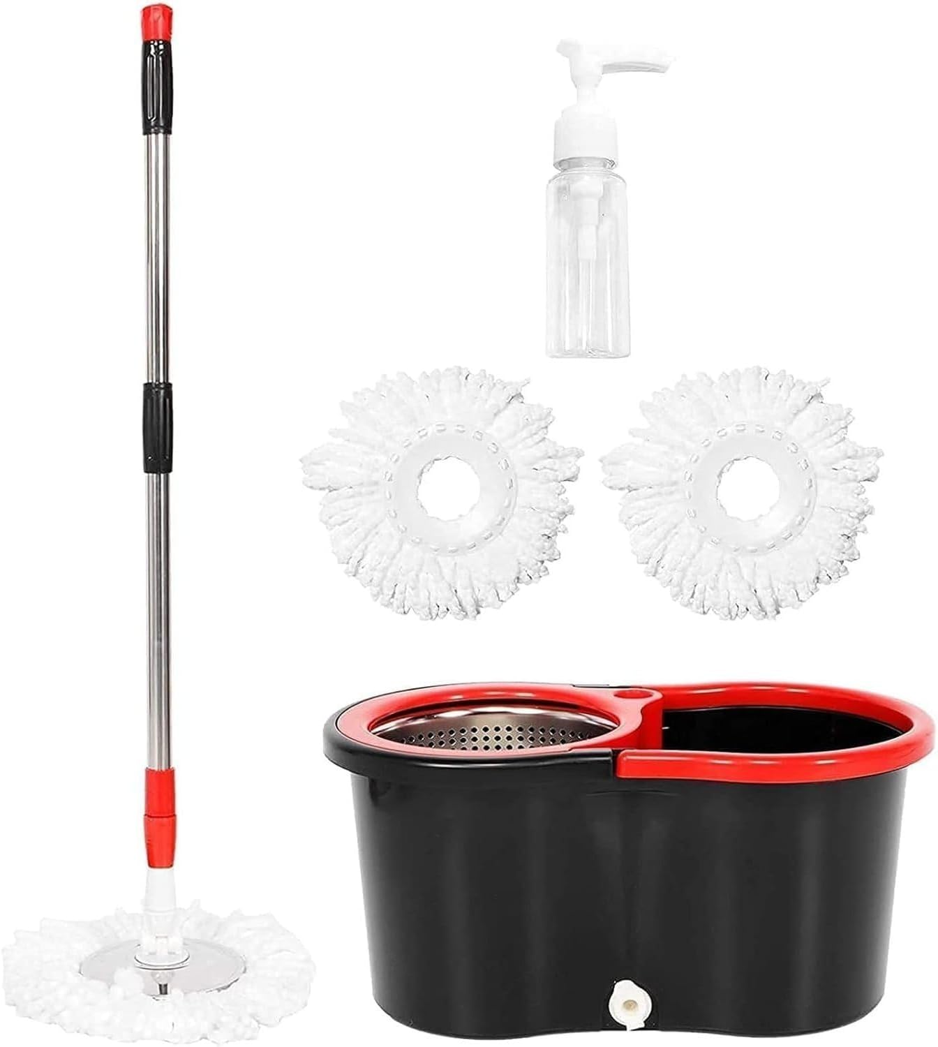 360° Spin Mop and Bucket System with Wringer - 61" Stainless Steel Handle & 3 Microfiber Refills, Self-Cleaning Floor Mop for Tile, Hardwood, Laminate Floors (Black red)