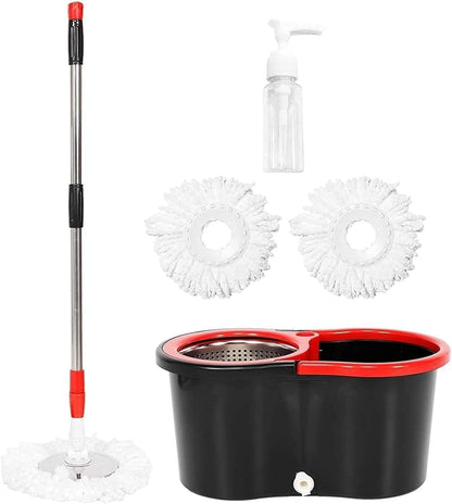 360° Spin Mop and Bucket System with Wringer - 61" Stainless Steel Handle & 3 Microfiber Refills, Self-Cleaning Floor Mop for Tile, Hardwood, Laminate Floors (Black red)