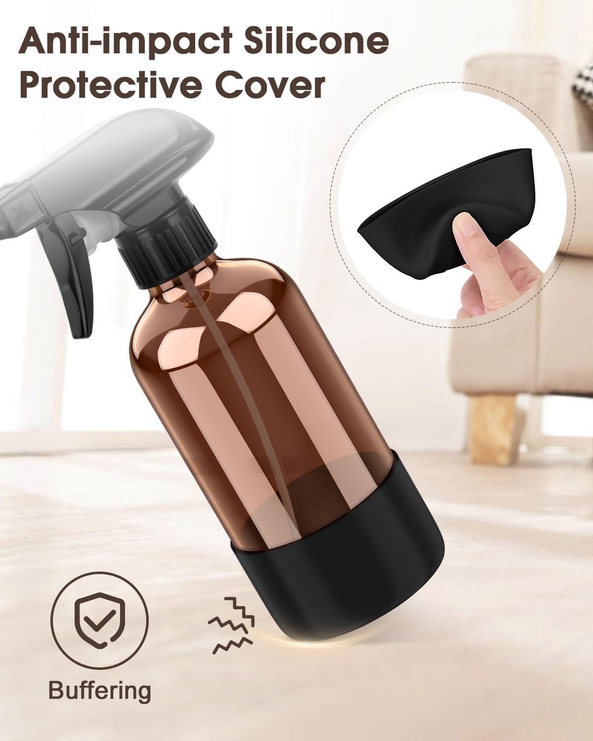 Bontip Glass Spray Bottle with Silicone Sleeve Protection, Amber Glass Spray Bottle Set for Window Cleaner Aromatherapy Facial Hydration Watering Flowers Hair Care 2 Pack/16 oz (Black & Brown)