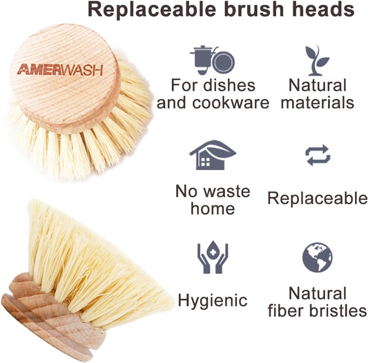 AMERWASH PLUS Dish Brush with Wooden Handle, Natural Kitchen Brush for Dishes Vegetable, Pots and Pans, Tampico Fiber Bristles Scrubber, Extra 3 Pack Replacement Head Included