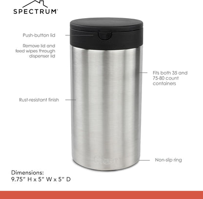 Spectrum Disinfecting Wipes Container Large Satin Nickel Refillable Stainless Steel Wipe Holder for Bathroom Kitchen Classroom, Reuseable Push Button Wet Wipe Dispenser for Cleaning Countertop