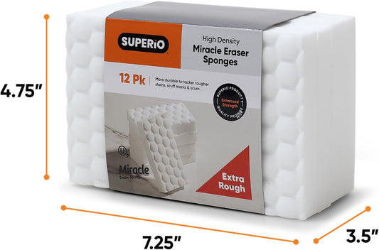 Superio High-Density Miracle Eraser Sponges - 12 Count - Powerful, Long-Lasting Scrubbers for Stubborn Dirt
