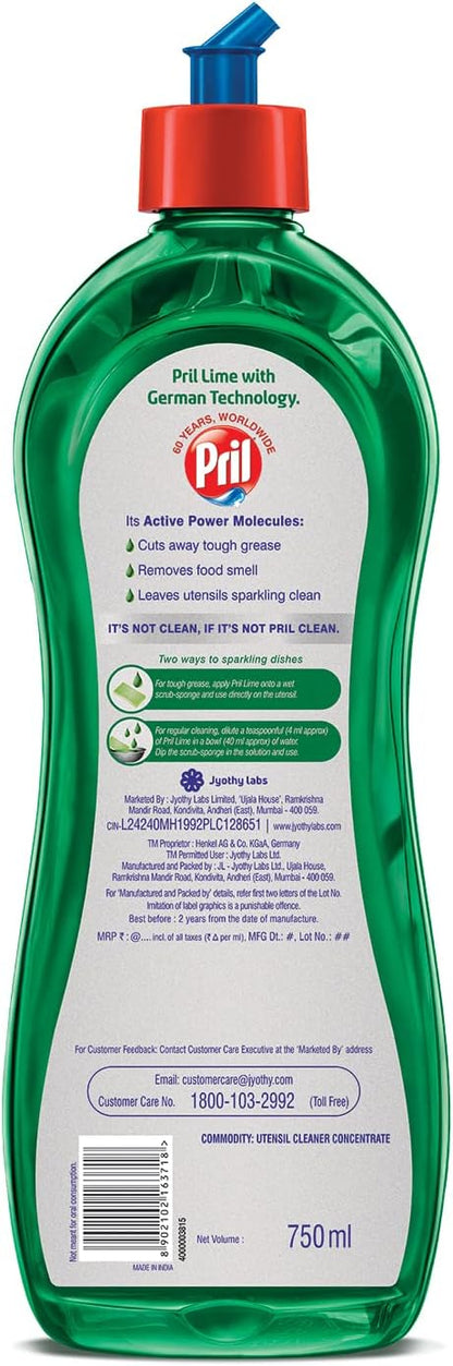 Pril Lime Liquid Dishwash Gel - 750ml | Dish Cleaning Liquid Gel with German Technology - Active Power Molecules Leaves No Residue, Grease Cleaner For All Types of Utensils