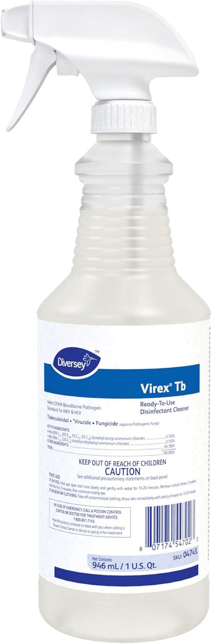VIREX Diversey Tb 04743. Disinfectant Cleaner, Hospital Use Tuberculocidal, Virucide, Fungicide with Lemon Scent, Ready-to-Use Liquid, For Home & Commercial Use, 32-Ounce