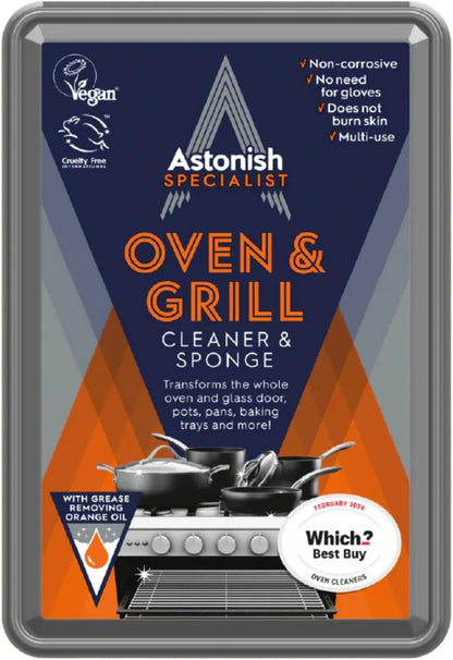 Astonish Specialist Oven & Grill Cleaner & Sponge, 250g – Powerful Degreasing Paste with Orange Oil, Restores Shine Without Harsh Chemicals – For Ovens, Grills, Racks & Toughened Glass