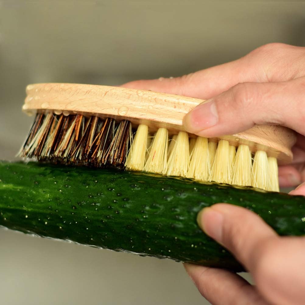 5 Pack Natural Bamboo Cleaning Brush Set, Pot Dish Scrub Brush with Handle and Flannel Bag Kitchen Brushes for Cast Iron Pots, Pans, Vegetable and Kitchen Cleaning
