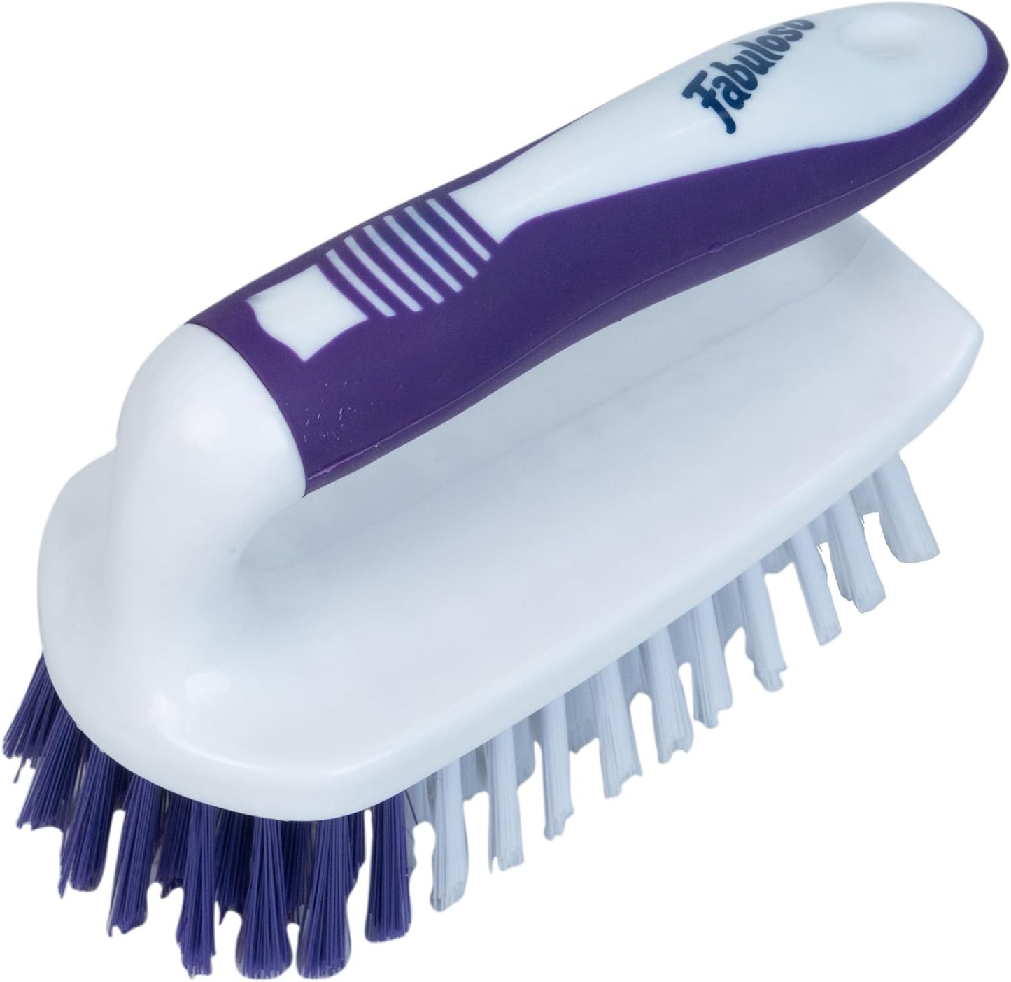 Fabuloso Cleaning Brush with Handle, Compact Handheld Household Scrub Brush for Kitchen, Bathroom, Baseboards, Tile and Floors, Firm Bristles for Indoor Surface Cleaning, White and Purple, 5.5 Inch