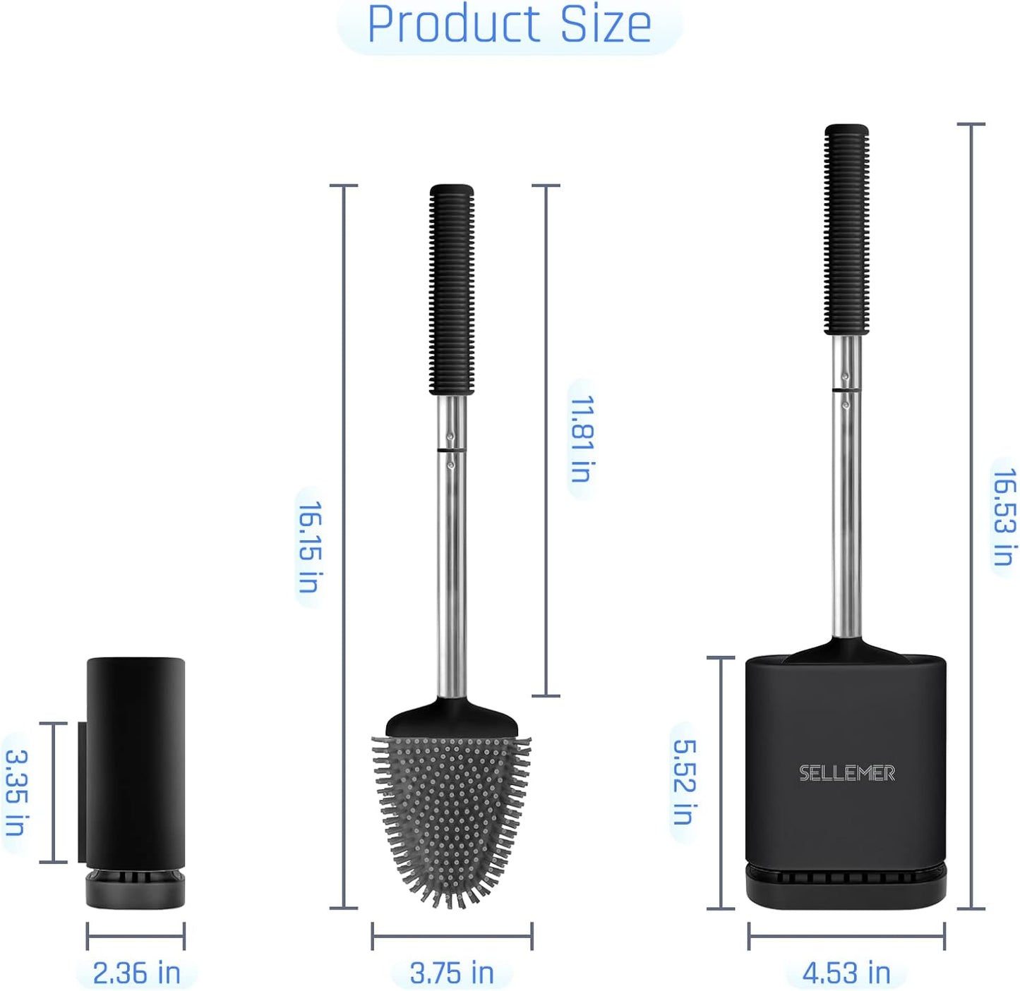 Sellemer Toilet Brush and Holder Set - Flexible Toilet Bowl Brush Head with Silicone Bristles, Compact Size for Storage and Organization, Ventilation Slots Base (1 Pack, Silver)