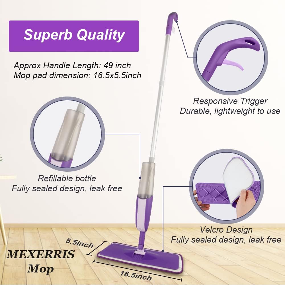 Spray Wet Mops for Hardwood Floor Cleaning: MEXERRIS Floor Mop with 5 Washable Pads for Swiffer Powermop & 2 Refillable Bottles - Home Commercial Dust Dry Mops for Wood Laminate Vinyl Tiles Ceramic