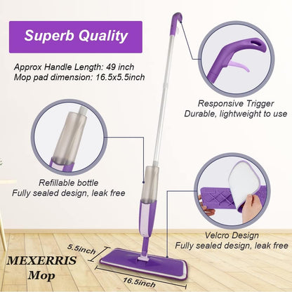 Spray Wet Mops for Hardwood Floor Cleaning: MEXERRIS Floor Mop with 5 Washable Pads for Swiffer Powermop & 2 Refillable Bottles - Home Commercial Dust Dry Mops for Wood Laminate Vinyl Tiles Ceramic