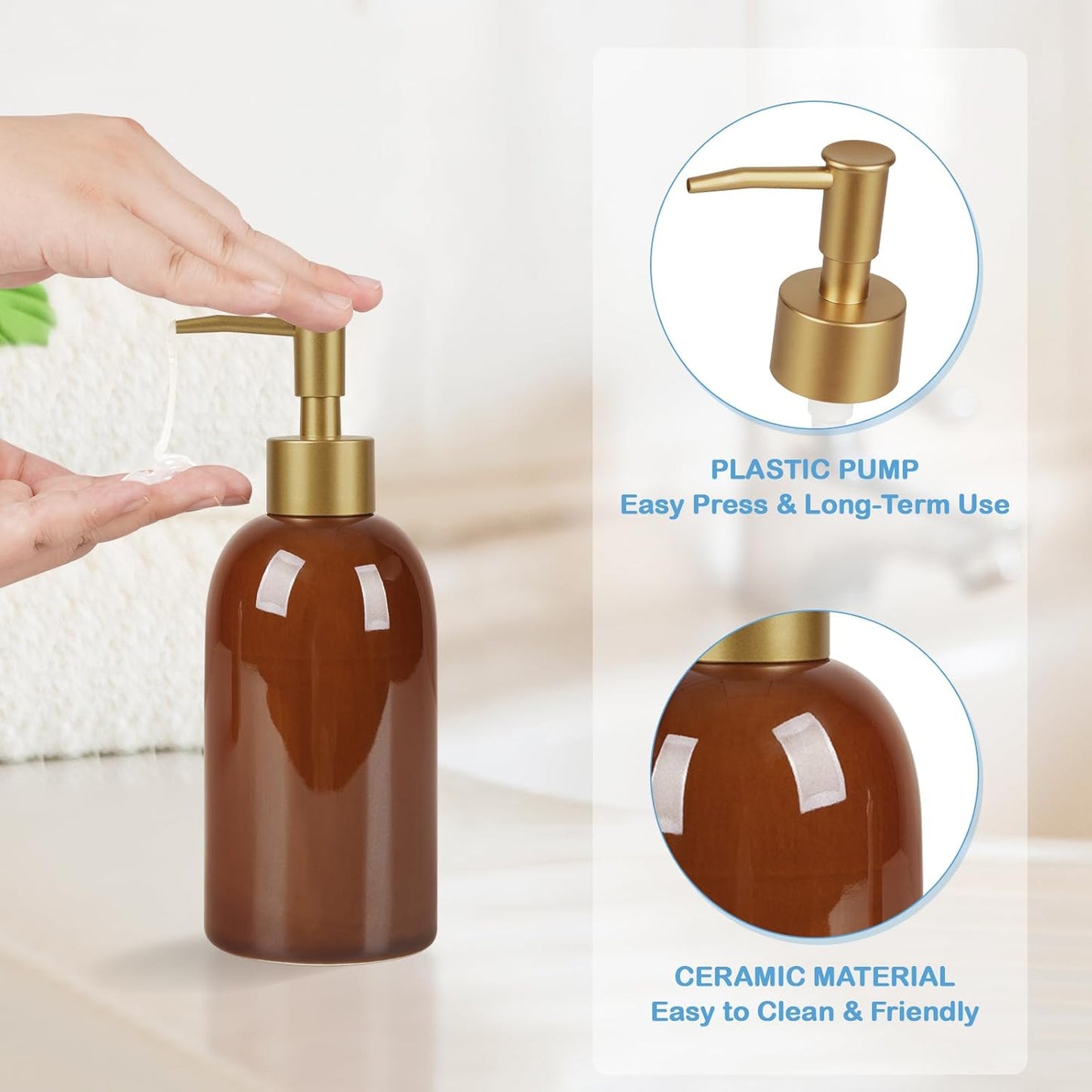 Natheeph Dish Soap Dispenser, Hand Soap Dispenser Ceramic Bottle, Refillable Liquid Great for Kitchen Dish Soap, Hand Soap, Essential Oil & Lotion (Bright White)