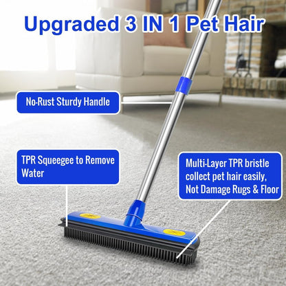 Pet Hair Removal Broom - with 58" Telescopic Handle Broom with Squeegee - Fur Hair Remover Tool for Carpet Rugs, Mats. Hardwood, Tile, Window