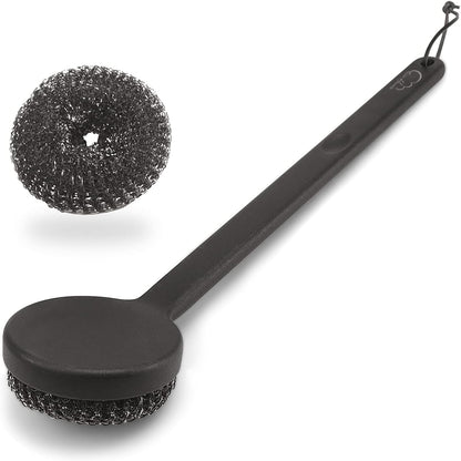18" Long Handle Grill Brush with Replaceable Head - Safe Bristle Free Stainless Steel BBQ Cleaner with Heavy Duty Scrubber Pad, Grill Accessories Steel Wool Scrubbers for Porcelain Gas Charcoal Grill