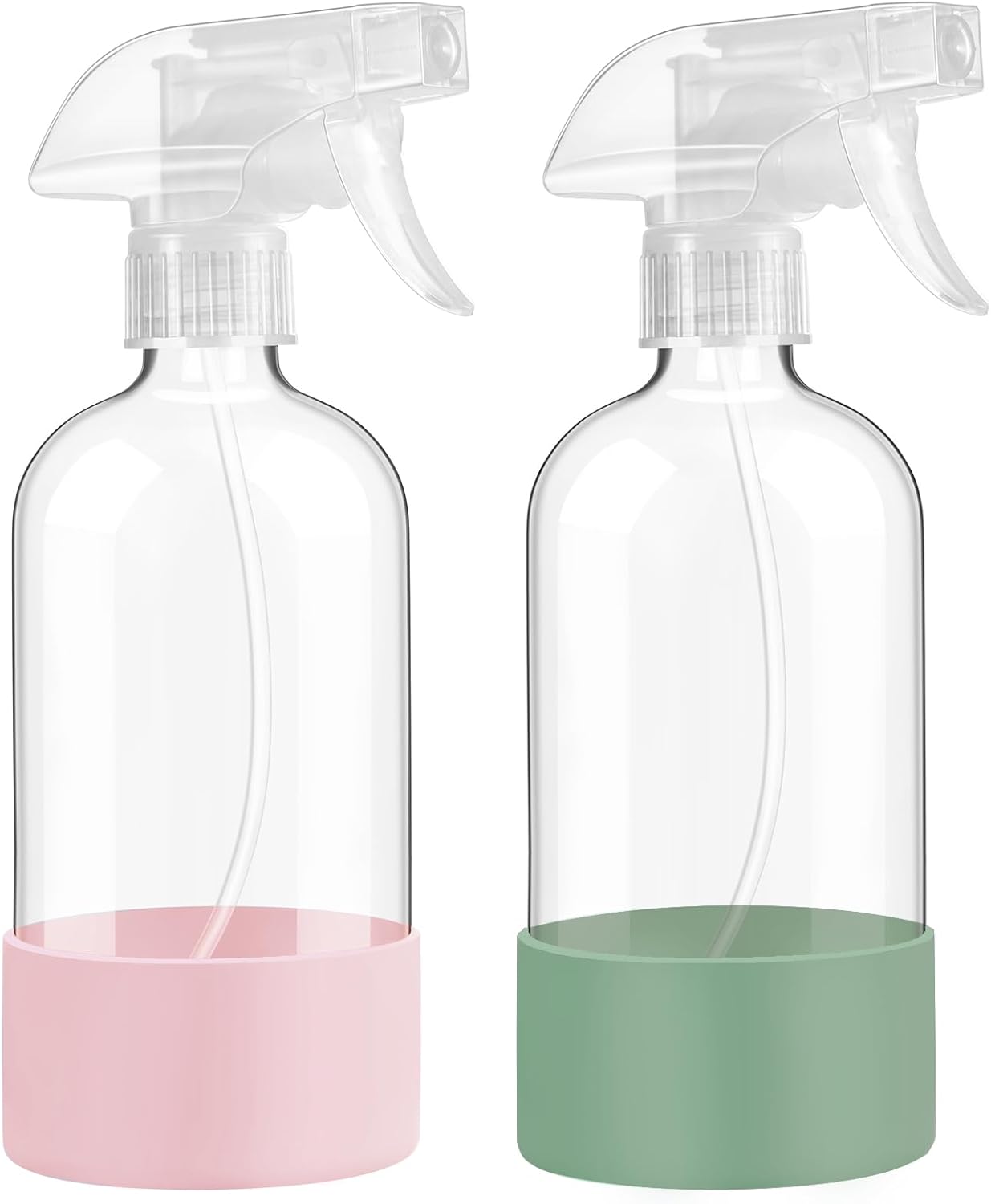 Glass Spray Bottles with Silicone Sleeve Protection, 16 oz 2 Pack, Reusable Spray Bottles with Adjustable Nozzle for Hair, Cleaning Solutions, Plants, Pale Yellow&Mint Green