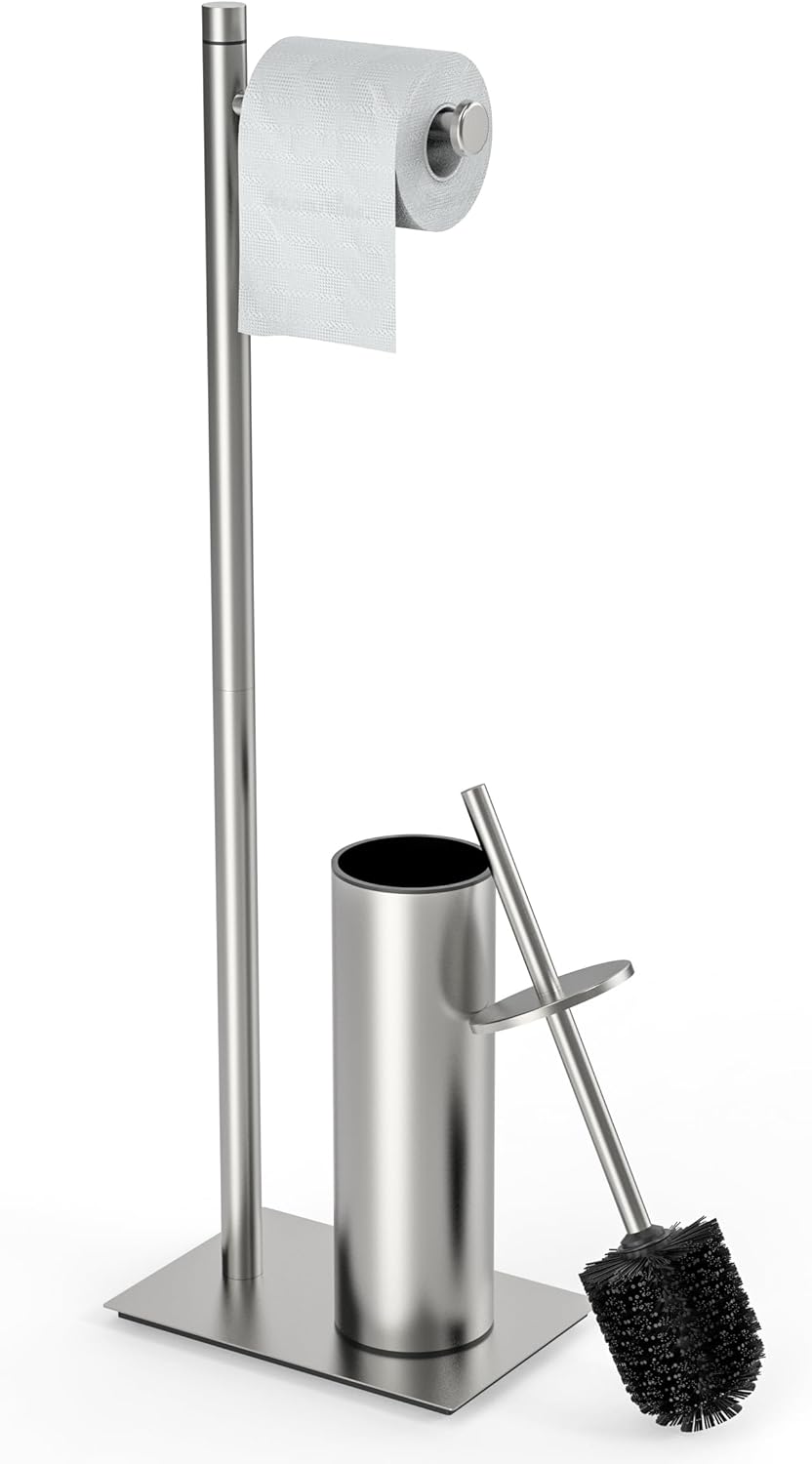 RUACQ Toilet Paper Holder Stand with Toilet Brush and Holder Set, 304 Stainless Steel Bathroom Toilet Tissue Paper Roll Holder Free Standing, Weighted Base, Heavy Duty (Matte Black)