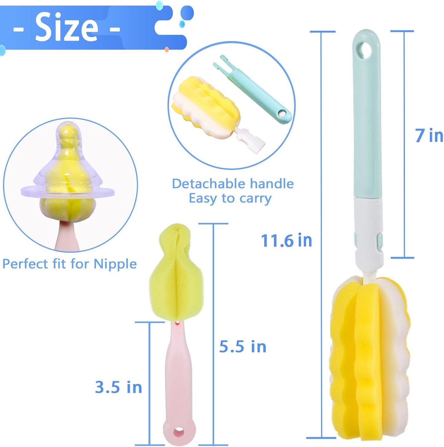 INVODA 4PCS Bottle Brush Long Handle Cup Cleaner Brush Sponge Bottle Scrubber Detachable Handle Portable Sponge Cleaning Brush for Baby Bottle Dishwashing Kitchen Clean Glasses Mugs (4 PCS)