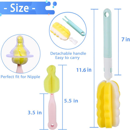 INVODA 4PCS Bottle Brush Long Handle Cup Cleaner Brush Sponge Bottle Scrubber Detachable Handle Portable Sponge Cleaning Brush for Baby Bottle Dishwashing Kitchen Clean Glasses Mugs (4 PCS)