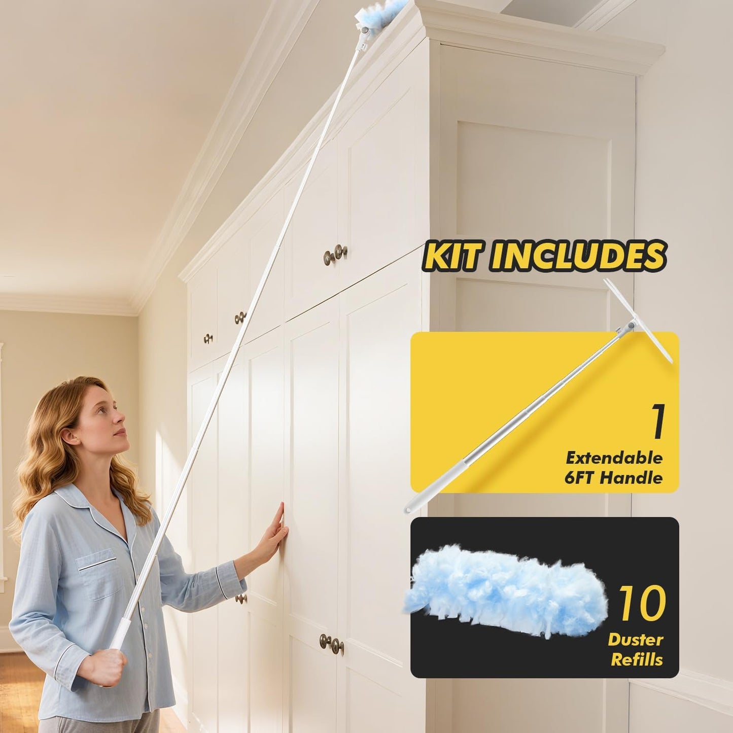6 ft Extendable Duster Handle with 10 Refills, Compatible with Swiffer, Disposable Microfiber Dusting Pads for Home Cleaning, Ceiling, Fan, Window, Hard-to-Reach Areas