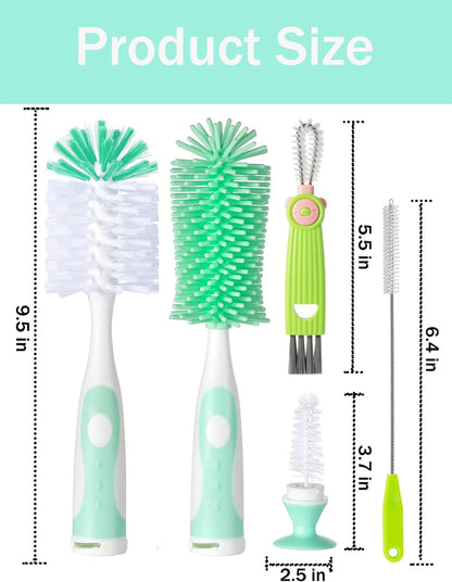 Baby Bottle Brush Set 4 in 1, Baby Bottle Cleaner, with 1P Nylon Bottle Brush, 1P Bottle Cap Brushes, 2P Straw Brushes, Bottle Brush with Nipple Cleaner and Suction Cup, BPA-Free(Green)