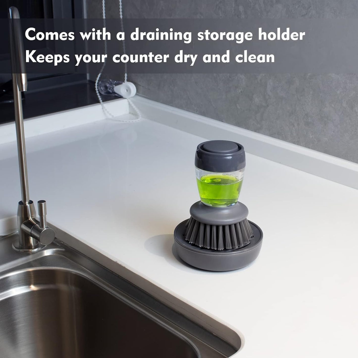 DAPOWER Dish Brush with Soap Dispenser, Kitchen Scrub Brush for Dishes Pots Pans Sink Cleaning, Dish Scrubber with Holder Set (Grey 2-Pack Combo Set)