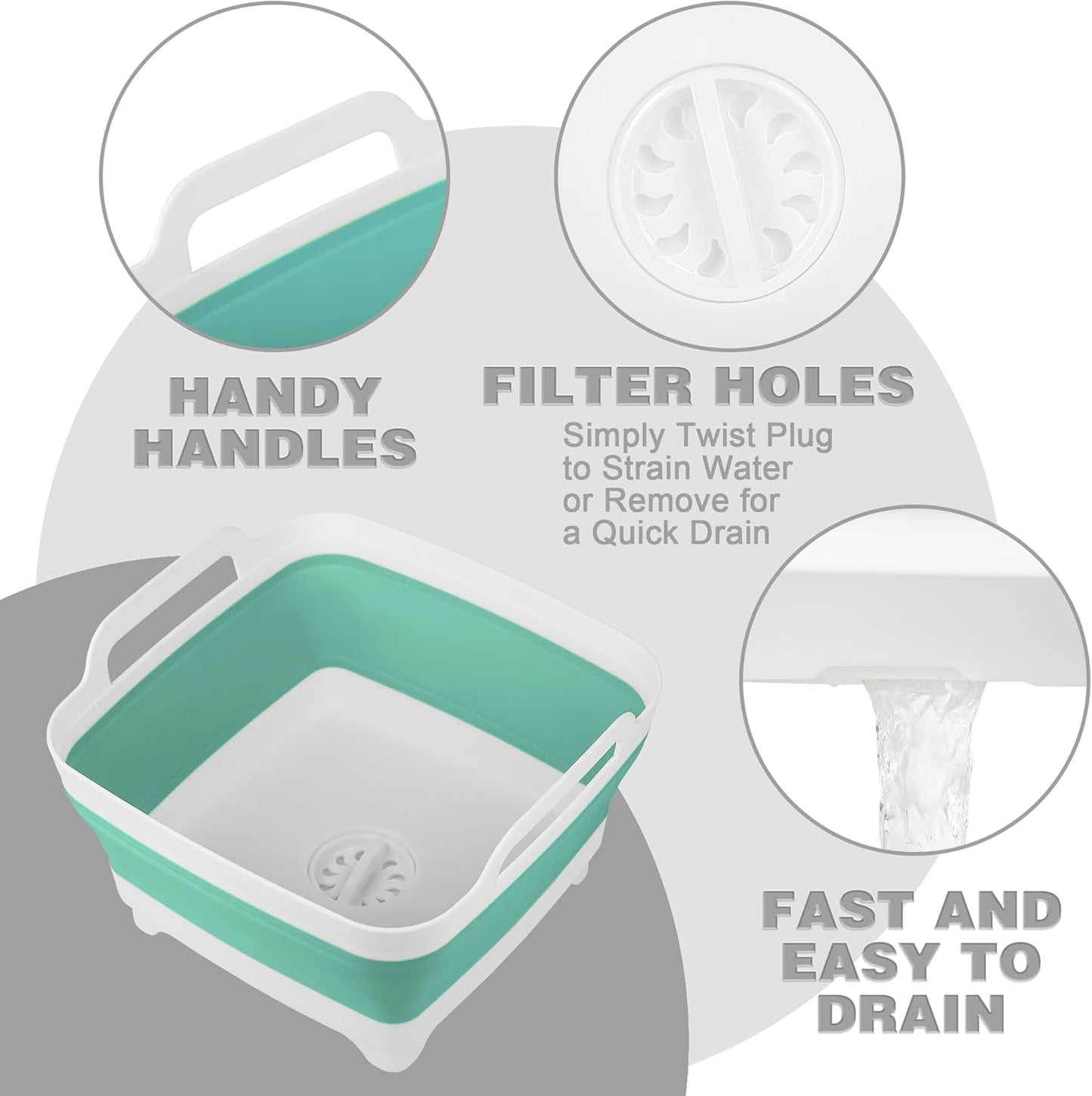 2 Pack Dishpan for Washing Dishes, 2.4Gal/9L Wash Basin with Draining Plug Carry Handles, Collapsible Bucket for Cleaning, Portable Sink, Foldable Plastic Tub