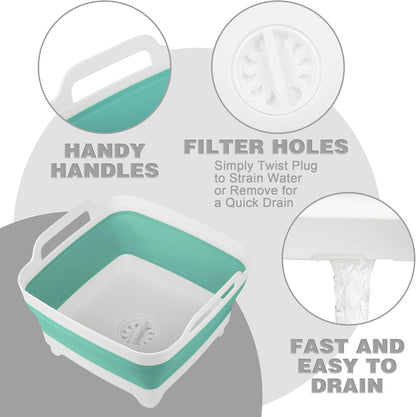 2 Pack Dishpan for Washing Dishes, 2.4Gal/9L Wash Basin with Draining Plug Carry Handles, Collapsible Bucket for Cleaning, Portable Sink, Foldable Plastic Tub
