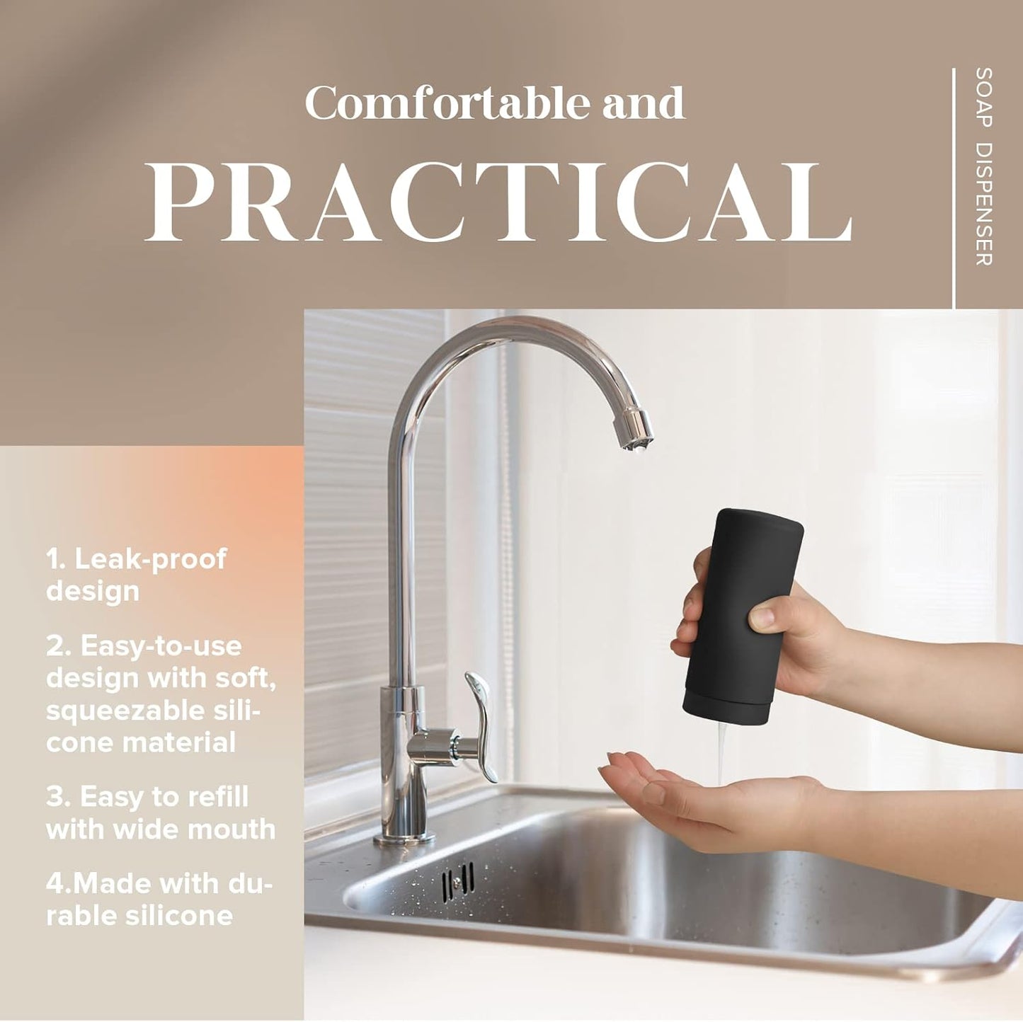 ElmRidge Dish Soap Silicone Dispenser for Kitchen Sink,Squeeze Washing Up Liquid and Hand Soap,Round refillable Silicone Bottles,Easy to Fill and to use, 8.5 oz,Black 2.4 x 2.4 x 5.5 inches (Gray)
