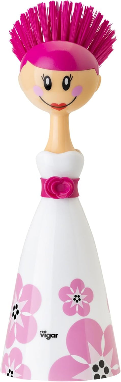 Vigar Dolls Dish Brush with Ergonomic Handle and Dres-shaped Storage Holder - Scrub Brush for Pans, Pots, Kitchen Sink Cleaning, Blue/Pink