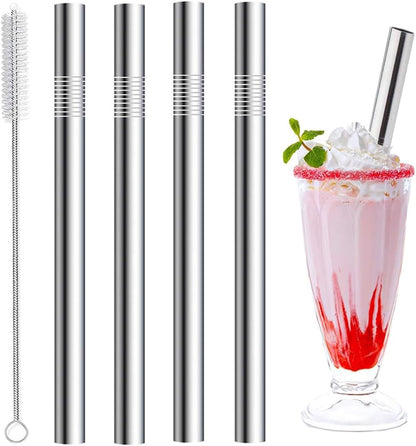 Vinaco Stainless Steel Smoothie Straws, 0.4'' Extra Wide Reusable Metal Drinking Straws for Milkshake, Smoothie, Beverage, Set of 4 with 1 Cleaning Brush